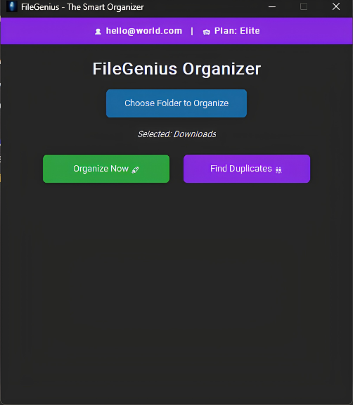 FileGenius App UI — dark mode desktop application